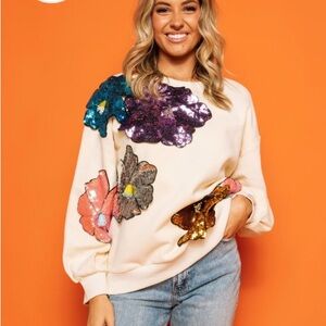 QUEEN OF SPARKLES Oversized Embellished Sweatshirt Cream Blue (NWOT)